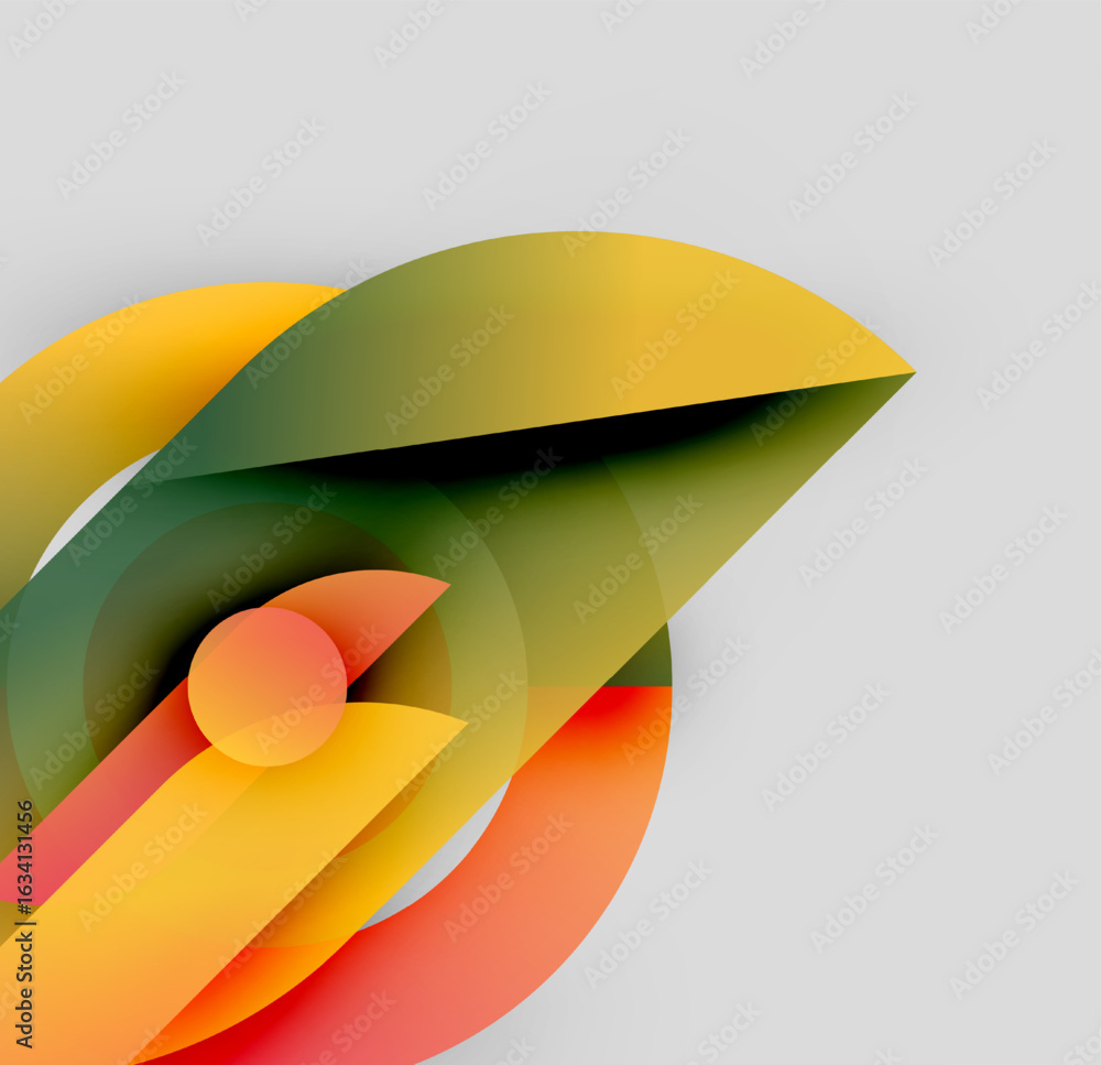 Poster abstract shapes overlap, creating vibrant color gradients. soft lighting highlights layered forms ag
