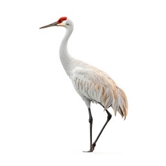 Obraz premium Graceful crane bird standing tall with long neck and slender legs placed neatly on clean white background. Perfect for wildlife prints, nature art, and bird visuals.