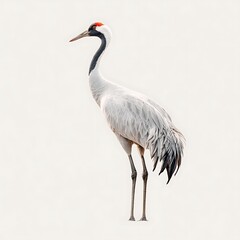 Obraz premium Graceful crane bird standing tall with long neck and slender legs placed neatly on clean white background. Perfect for wildlife prints, nature art, and bird visuals.