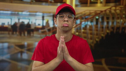 Young hispanic courier pressing hands together in a hotel building lobby with a pleading gaze...