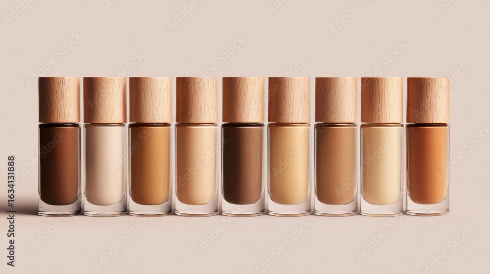 Aufkleber gradient row of foundation bottles showcasing diverse skin tones with a minimalistic background