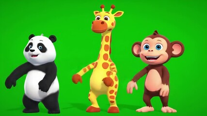Animated panda, giraffe, and monkey dancing joyfully together on a vibrant green background