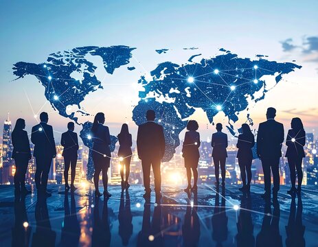 Silhouetted businesspeople stand before a glowing world map, representing global connectivity