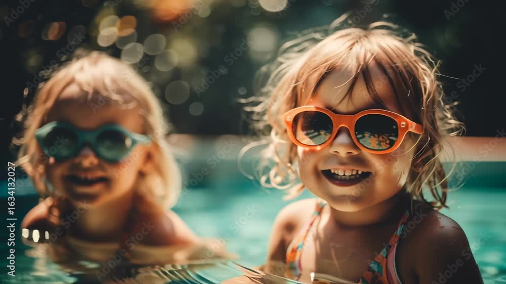 Poster two children smiling and looking at the camera while playing in a pool on a bright sunny day. water 