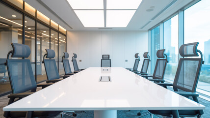 A modern, minimalist conference room with a white rectangular table in the center