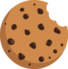 Bitten chocolate chip cookie illustration vector, delicious snack or dessert icon with missing bite