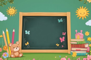 Cute Classroom Blackboard Background with Teddy Bear, Books, Pencils, and Colourful Flowers – Kids School Education Cartoon Illustration-Back To School