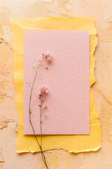Minimalist Floral Greeting Card Mock-up with Pink and Yellow Paper Layers – Elegant Blank Template Background, with Copy Space