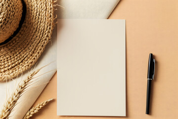 Summer-Inspired Minimalist Stationery Mockup with Straw Hat and Blank Paper