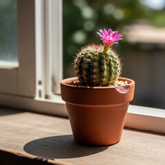 a small flowering cactus tree growing in a pot and placed next to the window