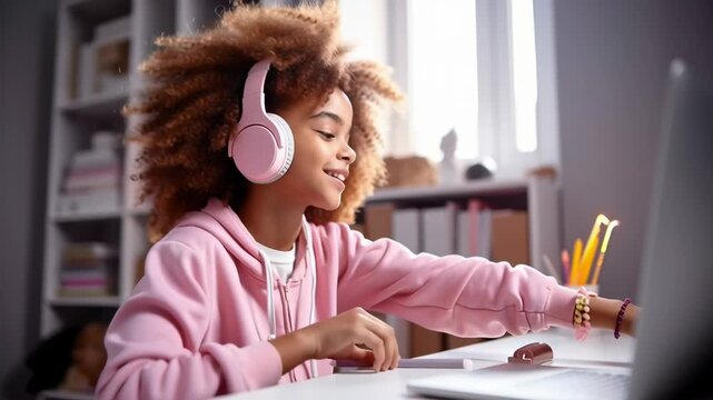 Girl wearing pink headphones is engaged in online learning while doing homework at a tidy desk. Bright room filled with books and stationery. Concept of education, technology, home study