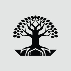 Tree silhouette vector. Tree with roots. Tree logo, icon vector illustration.. black and white tree.