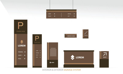 Wayfinding system 3D signage mockup set Direction signs Exterior and interior way finding design.