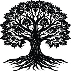Tree silhouette vector. Tree with roots. Tree logo, icon vector illustration.. black and white tree.