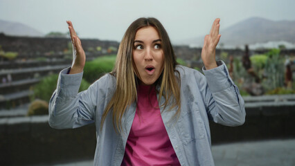 Young woman with surprised expression in a park setting outdoors captured in vivid daylight with...