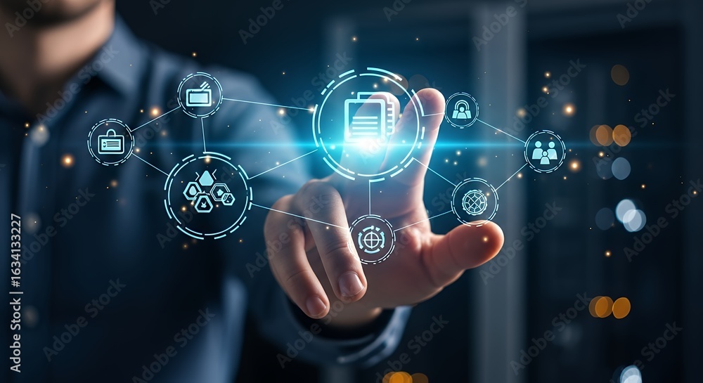 Poster human hand interacting with futuristic digital interface displaying interconnected business and tech