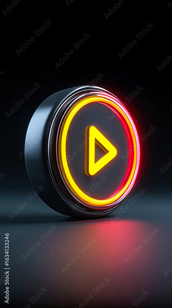 Poster wide gaming background with glowing play button. press to play. start button.
