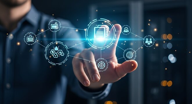 Human hand interacting with futuristic digital interface displaying interconnected business and technology icons