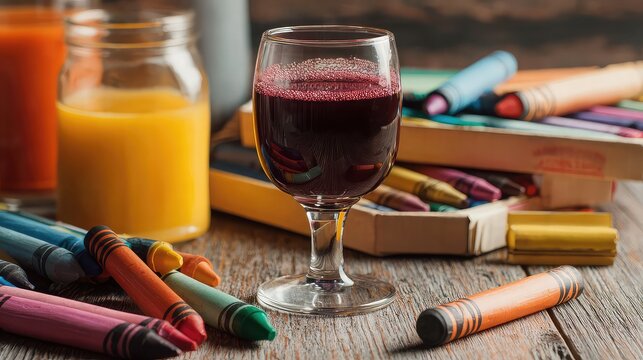 A glass of purple juice and crayons on a wooden table for art creation