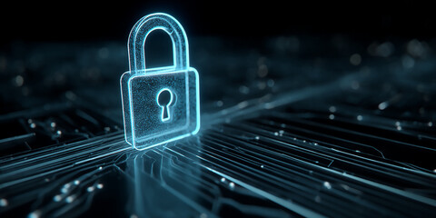 Glowing blue padlock on a circuit board representing data security