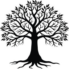 Tree silhouette vector. Tree with roots. Tree logo, icon vector illustration.. black and white tree.