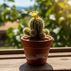a small flowering cactus tree growing in a pot and placed next to the window
