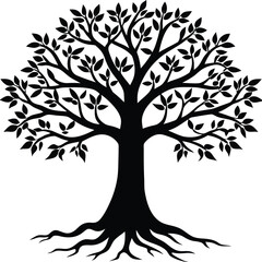Tree silhouette vector. Tree with roots. Tree logo, icon vector illustration.. black and white tree.