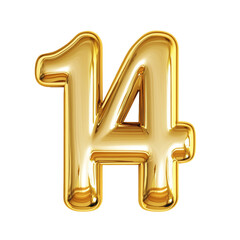 Golden number fourteen balloon isolated on transparent background