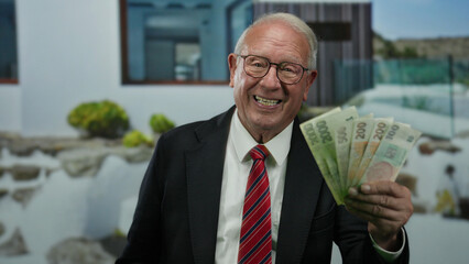 Senior man holding czech koruna banknotes outdoors on a street, showcasing business success with a...