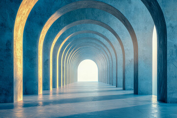 Serene passageway with repeating arches leading to a bright exit