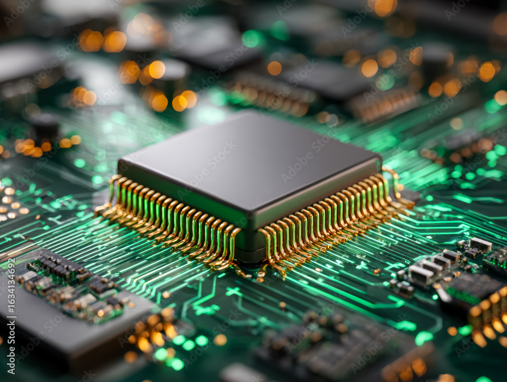 Poster advanced microprocessor on a circuit board with illuminated electronic pathways