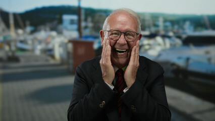 Senior man in suit smiling by seaside promenade, showcasing happiness and success in an outdoor business setting.