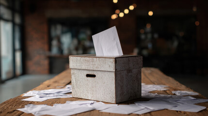Ballot paper being dropped into a rustic wooden box surrounded by scattered envelopes on a wooden table in a warmly lit room
