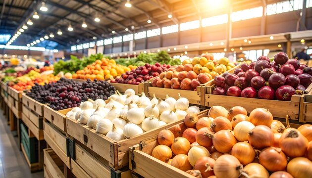 Fresh produce overflowing from wooden crates in a large indoor market. Sunlight streams in, highlighting the vibrant colors