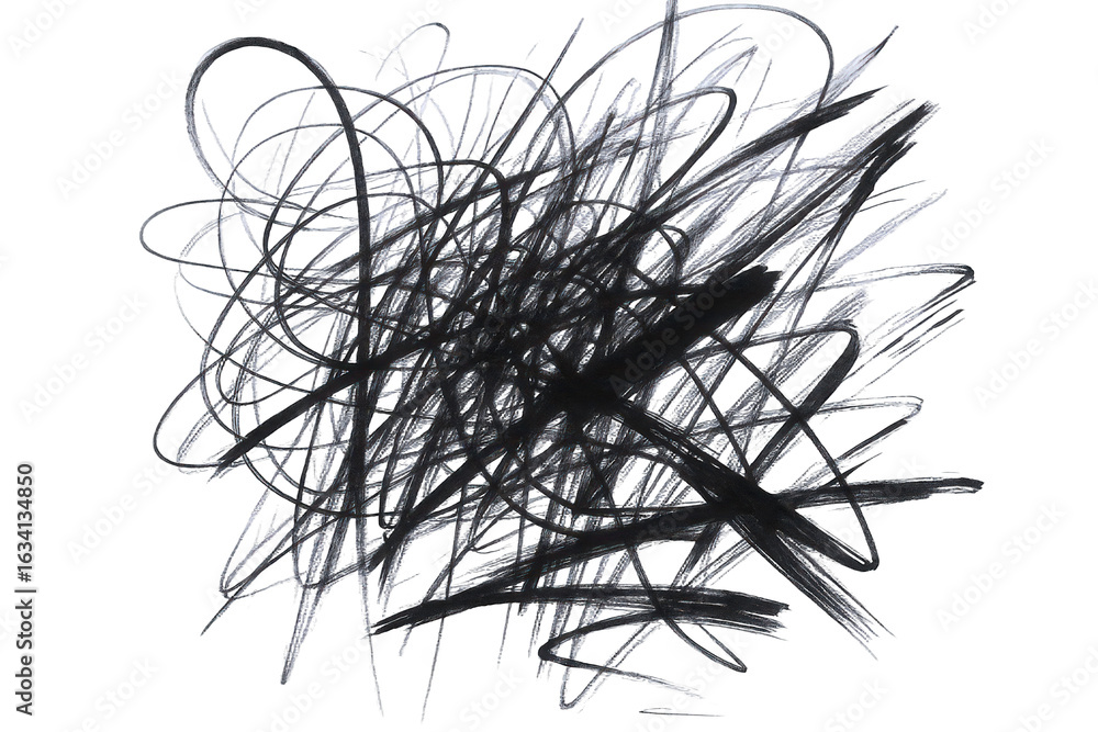 Poster abstract chaotic scribbles and lines in dark grey and white, conveying energy and complexity on a bl
