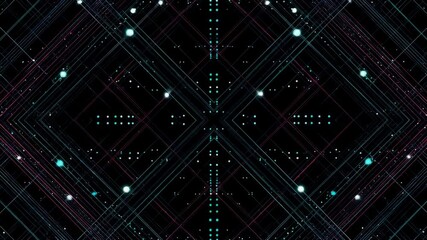 Abstract digital matrix crisscrossing neon lines and glowing orbs against a dark background