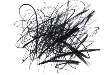 Fototapeta premium Abstract chaotic scribbles and lines in dark grey and white, conveying energy and complexity on a black backdrop.