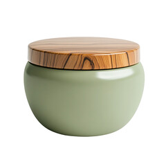 Light green ceramic jar with wooden lid isolated on transparent background
