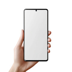 Hand holding a modern smartphone with a blank screen isolated on transparent background