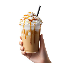 Hand holding a delicious caramel iced coffee with whipped cream isolated on transparent background