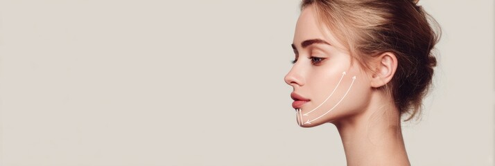 Silhouette of Woman With Jawline Correction Arrows on Pastel Background Highlighting Facial Contouring Techniques