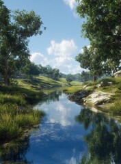 Serene river winds through a lush green landscape, reflecting the tranquil sky and surrounding trees in its calm waters.