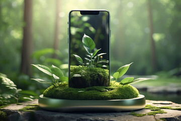 A smartphone positioned upright amidst a lush green setting, surrounded by vibrant moss and delicate plants.