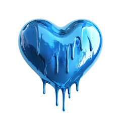 Blue metallic heart dripping liquid isolated on transparent background