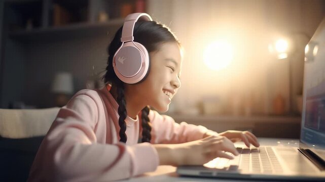 Child engages in online learning with laptop and headphones. Cozy room features soft lighting and elements of comfort. Concept of education, remote learning, child development