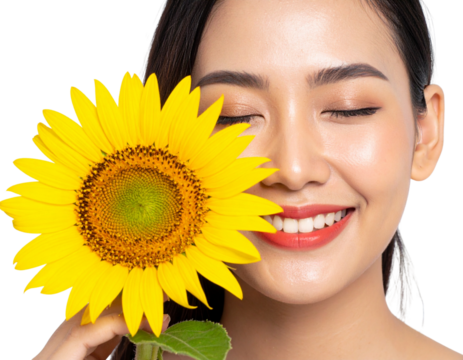 Smiling Young Woman Gently Holding a Bright Yellow Sunflower, Isolated on White PNG