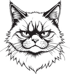 Feline with Attitude: A striking monochrome portrait of a grumpy cat, meticulously rendered with bold lines, conveying a sense of sardonic amusement and independent spirit.