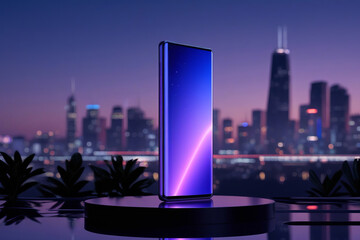 A sleek smartphone displayed prominently against a vibrant city skyline at dusk.