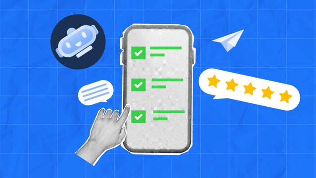 halftone collage, Mobile phone interface with chatbot assist, checklist, hand gesture, and 5-star rating survey giving feedback