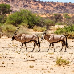 Two oryx in arid landscape